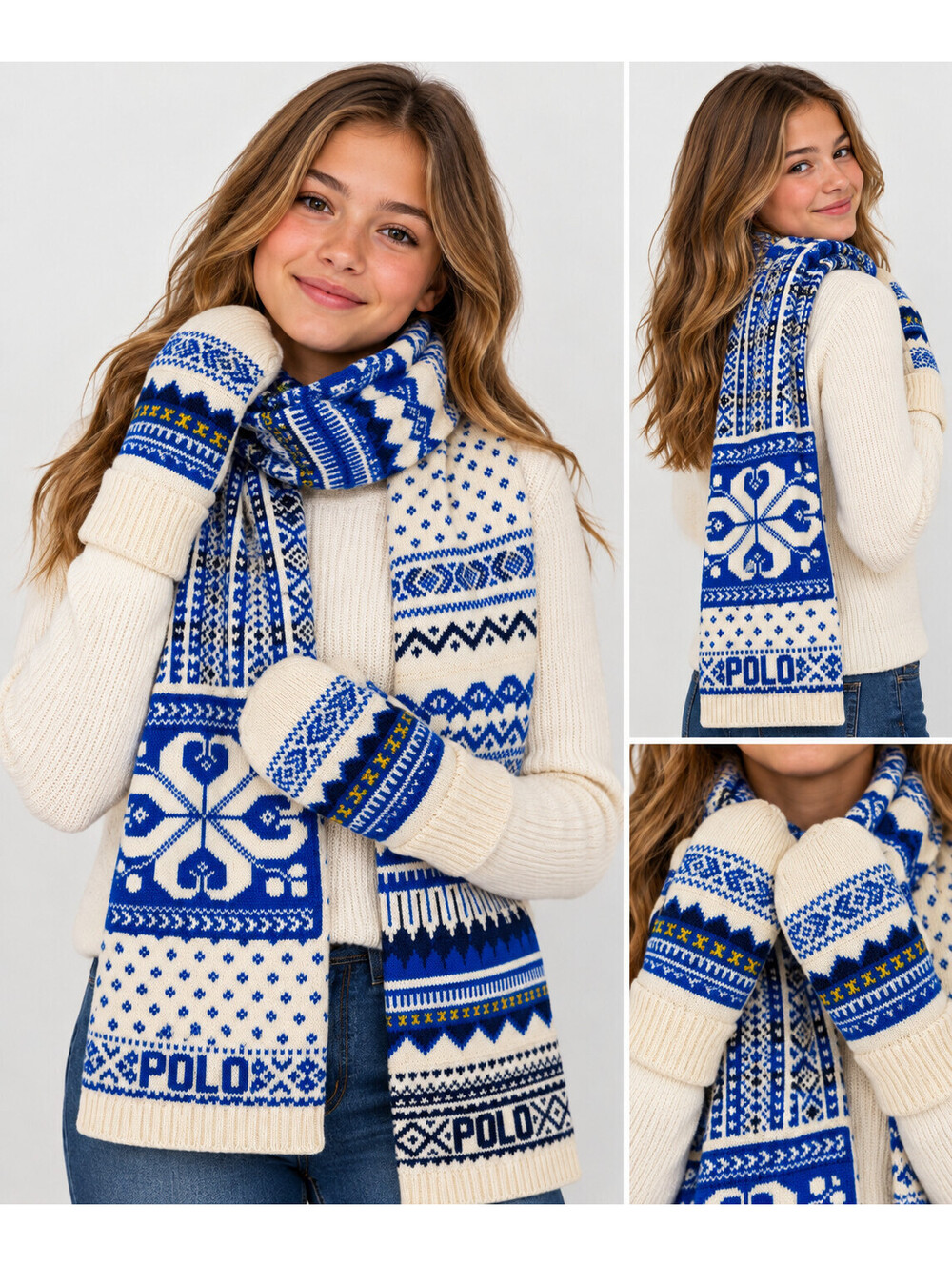 Polo Ralph Lauren Scarf & Mittens Set Blue Cream Fair Isle Wool Blend NWT Sz7-12